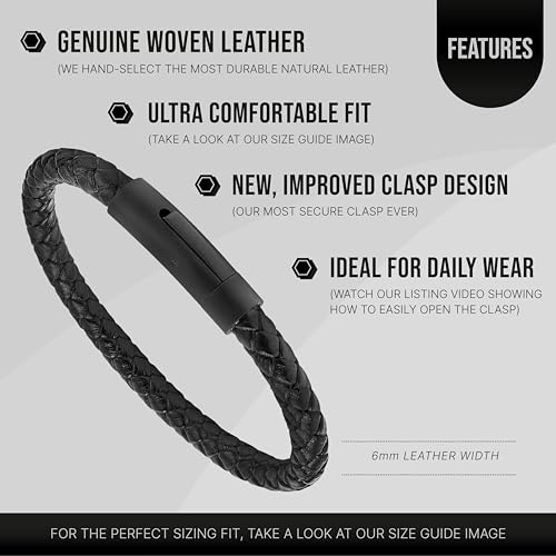 LUXAR Men’s Bracelet - Genuine Black Leather Bracelet with Stainless Steel Clasp or 8mm Matte Black Onyx Stone Bead Bracelet - Minimalist Designer Jewelry for Men - color: Black Leather Round Clasp, size: Small