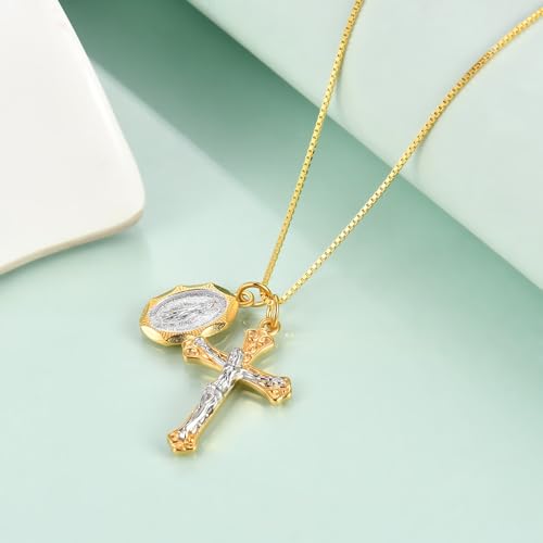 Rnivida 925 Sterling Silver Crucifix Cross and Miraculous Medal Pendant Necklace for Women - color: Gold, size: 20 inches