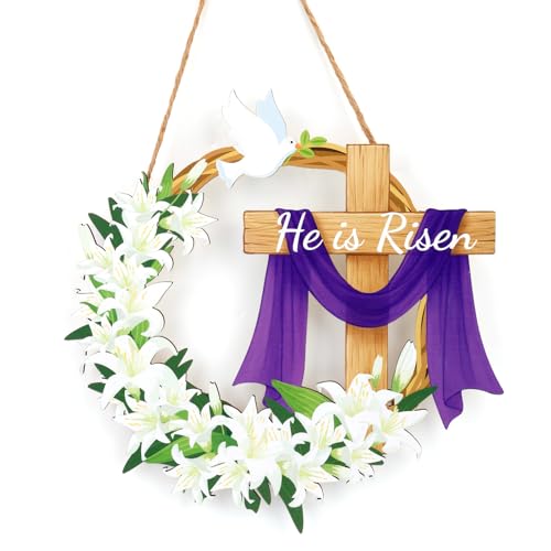 He is Risen Sign, Wooden Christian Wreath Hanging Sign with Cross and Lily Flowers Hanger Door Designs Funny Easter Decoration Supplies for Farmhouse Home Party Decor
