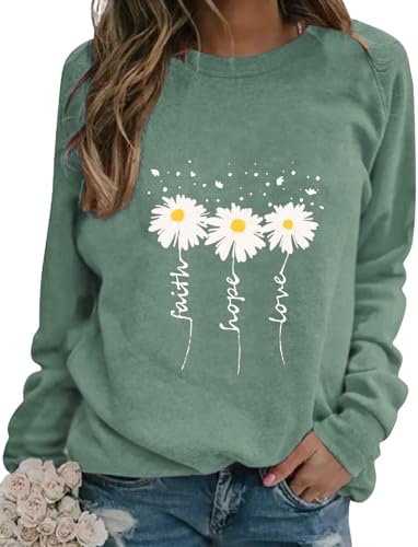 EADINVE Women Daisy Print Sweatshirts Crewneck Long Sleeve Pullover Tops - color: Green, size: Large