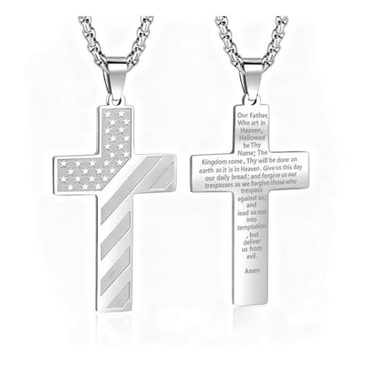 American Flag Cross Necklace for Men, Christian Confirmation Baptism Gifts - color: Silver, style: Lord's Prayer