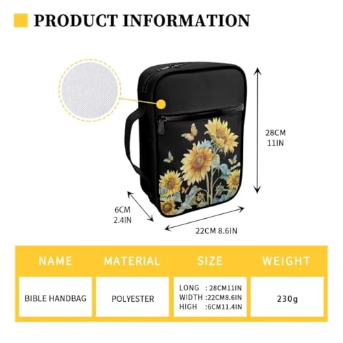 Coldinair Sunflower Bible Cover for Women Girls Butterfly Bible Case Scripture Study Carrying Book Cover Church Bag Protective with Handle and Zippered Pocket - color: Sunflower Butterfly