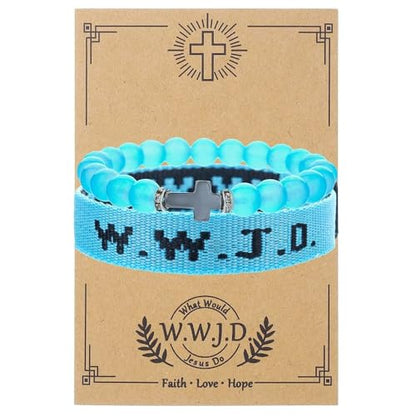 WWJD Bracelets Set WWJD Wristbands Christian Cross Bracelet Stackable Clay Bead Bracelets Stretch Glass Beaded Inspirational Christian Jewelry Gift for Couples Women Men - color: 2 Pcs Blue