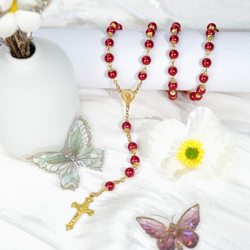 Red and Gold Pearl-Style Rosary Necklace with Metal Gift Box, 8mm, 22 Inch - color: Red