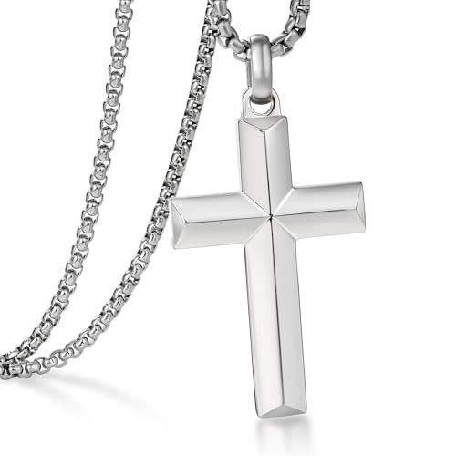 Stainless Steel Cross Necklace for Men with Adjustable Box Chain Christian Cross neckalce Gift - color: Silver-B