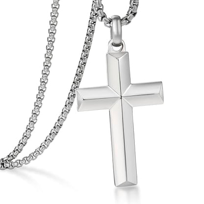 Stainless Steel Cross Necklace for Men with Adjustable Box Chain Christian Cross neckalce Gift - color: Silver-B