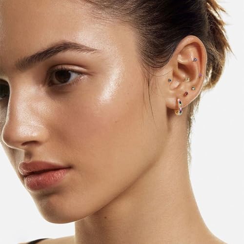 14K Gold Huggie Earrings for Women Silver Huggie Hoop Earrings Cubic Zirconia Huggie Earrings Stud Earrings Lightweight Dainty Hypoallergenic Earrings Jewelry Gifts - color: Gold Rainbow CZ Huggies