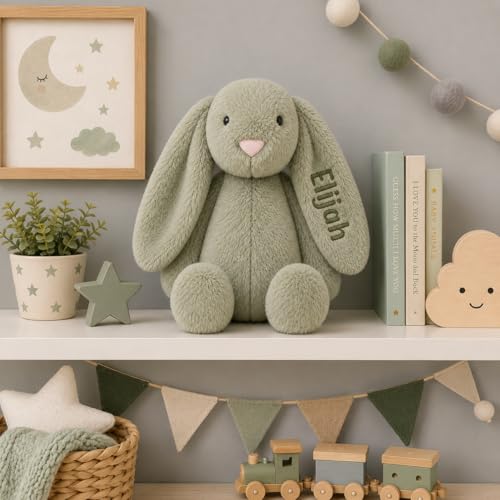 Personalized Embroidered Green Stuffed Bunny, Baby Boy Gift, Bunny Plush, Cute Stuffed Animal, Stuffed Animals for babies, Baby Dedication Gifts for Boys, Rabbit Toy, Newborn Toy (Green Bunny) - color: Green Bunny