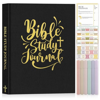 Lanpn Bible Study Guide Journals for Men with Tabs & Highlighters, Church Notes Taking Daily Devotional Journaling, Linen Bible Prayer Notebook Christian Religious Faith Based Gifts, Black - color: Black
