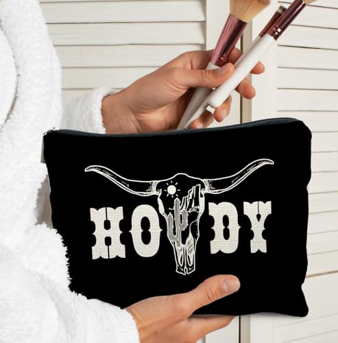 Boho Western Howdy Makeup Bag for Women, Southwestern Cowboy Cow Skull Cactus Cosmetic Bags,Gifts for For Mom Friends Teen Girl & Women, Black Western Zipper Makeup Pouch for Purse - color: Howdy