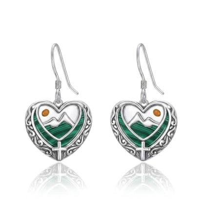 AOBOCO 925 Silver Mustard Seed Cross Heart Dangle Drop Earrings Women - color: Silver-Malachite