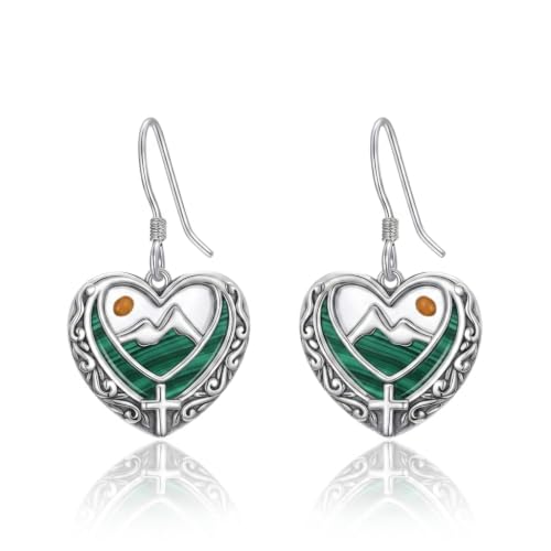 AOBOCO 925 Silver Mustard Seed Cross Heart Dangle Drop Earrings Women - color: Silver-Malachite