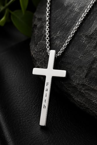 Engraved Cross Necklace for Men, Women & Boys & Girls Cross Necklace, Stainless Steel Cross Pendant Necklace, Faith & Inspiration Christian Jewelry Gift - color: Faith