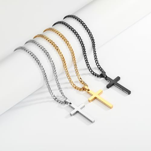 Gnamy Cross Necklace for Men Boys Stainless Steel Bible Verse Cross Pendant with Cuban Link Chain (22+2 Inches) | Christian Religious Jewelry Gifts - color: Gold, style: MATTHEW 28:20