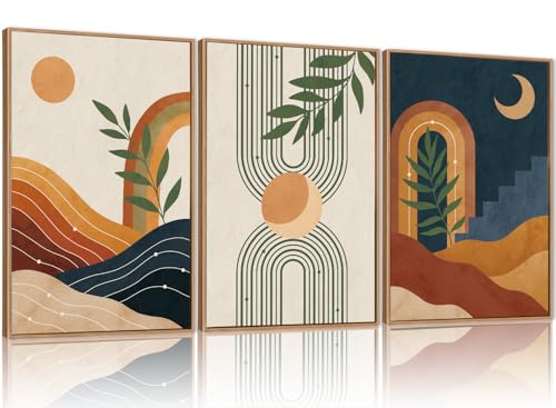 FWIEXA Mid Century Modern Wall Art Set of 3, Vintage Boho Framed Canvas Wall Decor, Minimalist Geometric Sun Moon Line Wall Prints, Abstract Green Leaf Painting, 24x36In Modern Navy Blue Artwork for Living Room,Bedroom - color: Boho Sun Moon, size: 24"L x