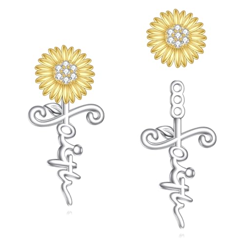 POPLYKE Faith Cross Flower Stud Earrings for Women Sterling Silver Dangle Earring Jewelry Gifts for Women Mom Wife - style: Sunflower