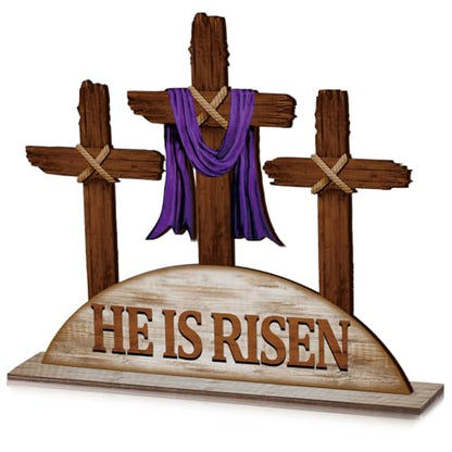 Beeveer Empty Tomb Easter Scene and Cross Decoration He Is Risen Decor Religious Wooden Tabletop Signs Christian Table Centerpiece for Easter Birthday Rustic Farmhouse Home Spring Decor(Classic Style) - style: Classic Style