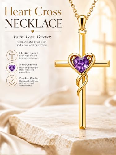 Birthstone Cross Necklace for Women 14K Gold Plated Heart Infinity Cross Pendant Necklace Christian Religious Jewelry Anniversary Birthday Gifts for Wife Mom Her - color: Feb/Amethyst