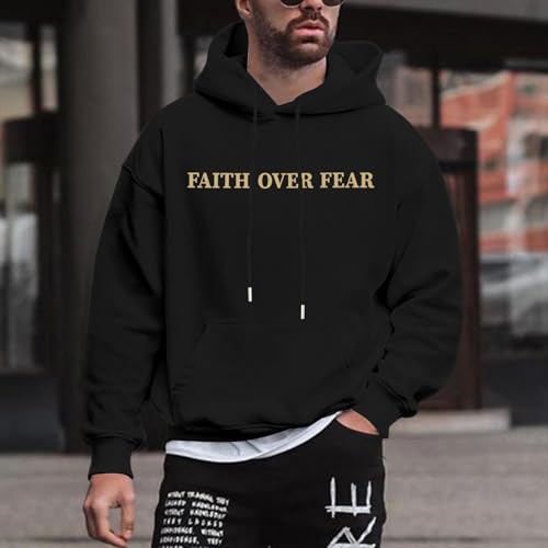 BANGELY Faith Over Fear Hoodie Men Christian Hoodies Sweatshirts Jesus Hoodie Bible Religious Sayings Sweater Pullover Tops - color: Black, size: XX-Large