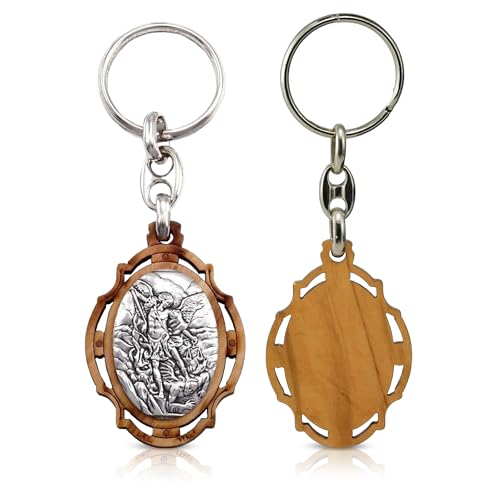 RosaryMart Olive Wood Religious Keychain for Men and Women | Catholic Keychain | Car KeyRing | Party Favors Key Holder - color: S-michael