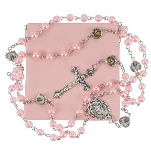 Rosary Beads Catholic, Rosary Necklace with Leather Pouch with Magnetic Top Bag for Men and Women Christian Gifts - color: Pink