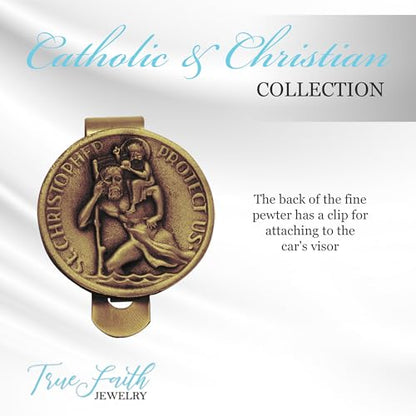 True Faith Jewelry Pewter Round St Christopher Medal Visor Clip for Car, Patron Saint of Travelers, Gift for New Driver, Fine Pewter (92% Tin), 1-7/16 x 1-7/16 Inch - size: St. Christopher (Round) 2