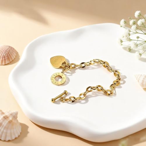 Heart Charm Bracelet Plated 18K Gold/Silver/Rose Gold Bible Scripture Heart Bracelet for Women Jewelry Gift Her Link Chain OT Clasp Stainless Steel - color: 18k Gold（7.1 inch）
