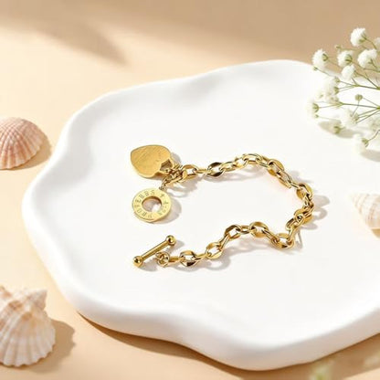 Heart Charm Bracelet Plated 18K Gold/Silver/Rose Gold Bible Scripture Heart Bracelet for Women Jewelry Gift Her Link Chain OT Clasp Stainless Steel - color: 18k Gold（7.1 inch）
