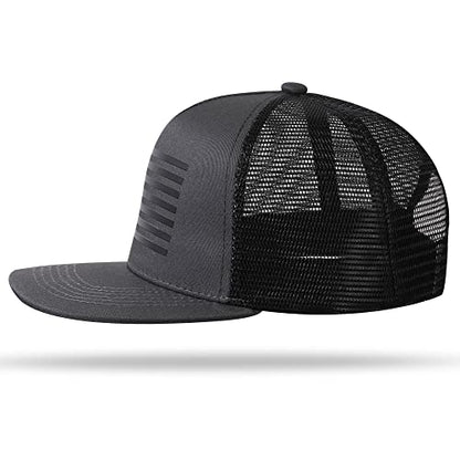 UALON Baseball Cap, Snapback Trucker Hat for Men & Women with American Flag and Adjustable, Breathable Mesh, Flat Bill Hats - color: Dark Gray/Black