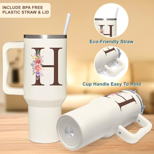 Personalized Gifts for Women, Customized Mother's Day, Birthday, Xmas Gift For Grandma, Mom, Wife, Friends, Sisters, Coworkers, Monogrammed Tumbler 40oz with Lid and Straw - color: H