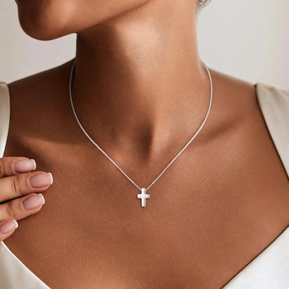 S925 Sterling Silver Cross Necklace for Women, Sterling Silver Chain Necklaces Cute Simple Small Cross Pendant Necklace Christian Baptism Religious Faith Jewelry Gifts 16 18 20 22 Inch