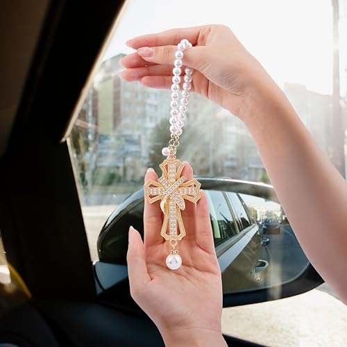 Car Rear View Mirror Hanging Cross Charm, Christian Car Accessories, Rearview Mirror Accessories, Cross for Car, 18K Gold Plated Brass with CZ Crystals & Pearl Beads, Faith Gift for Drivers Safe Travel