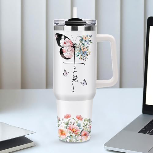 Christian Gifts for Women, 40oz Religious Butterfly Floral Tumbler with Handle, Christ Faith Bible Verse Insulated Travel Mug, Inspirational Spiritual Mother's Day Present for Mom Grandma Sister - color: Religious-D-356-E