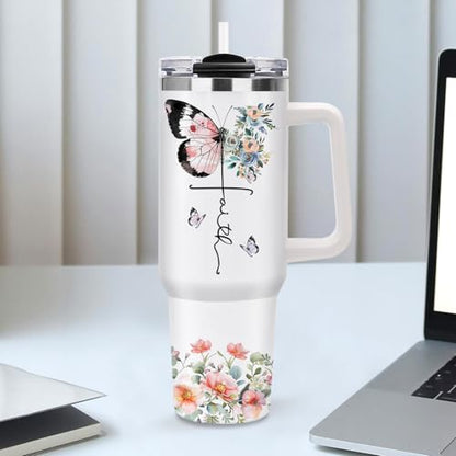 Christian Gifts for Women, 40oz Religious Butterfly Floral Tumbler with Handle, Christ Faith Bible Verse Insulated Travel Mug, Inspirational Spiritual Mother's Day Present for Mom Grandma Sister - color: Religious-D-356-E