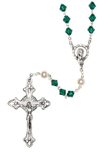 Catholic Prayer Rosary Created with Swarovski® Crystals-Glass-Silver-Gold - color: Emerald - May - SILVER