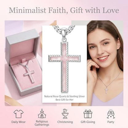 MRENITE Silver Natural Stone Cross Necklace, Classic Latin Cross Pendant Necklace for Unisex Women Man, Vintage Crystal Quartz Cross Necklace with 20+2 Inches Adjustable Cuban Chain - style: Rose Quartz
