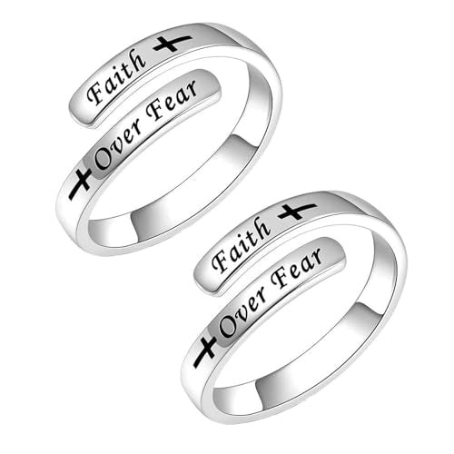Faith Over Fear Cross Inspirational Rings for Women Daughter, Christian Blessed Hope Love Encouragement Rings Adjustable Open Tiny Purity Wrap Thumb Cross Ring Jewelry Graduation Cocktail Party - color: Silver&Silver