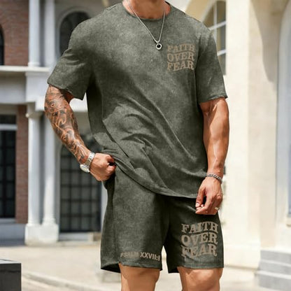 Men's Christian Shirt and Shorts Set Oversized Faith Over Fear T Shirt Washed Religious Bible Verse 2 Piece Outfits - color: Army Green, size: XX-Large