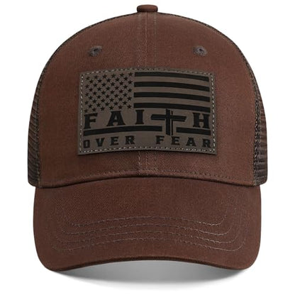 Faith Over Fear Christian Hats for Men Women, American Flag Trucker Hat, Religious Gifts for Thanksgiving Christmas - color: Brown