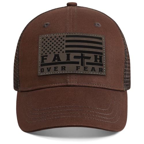 Faith Over Fear Christian Hats for Men Women, American Flag Trucker Hat, Religious Gifts for Thanksgiving Christmas - color: Brown