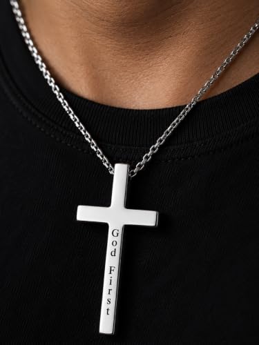 Engraved Cross Necklace for Men, Women & Boys & Girls Cross Necklace, Stainless Steel Cross Pendant Necklace, Faith & Inspiration Christian Jewelry Gift - color: God First