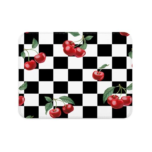 Black Checkered Cherry Mouse Pad, Black and White Checkerboard Cherry Girly Aesthetic Mouse Pad for Home Office Computer Laptop Desk Accessories, 9.5x7.9 Inch - color: Black Checkered Cherry