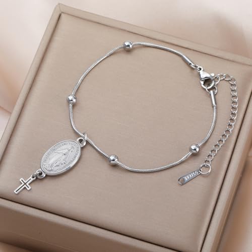 VASSAGO Virgin Mary Bracelet for Women Men Double-Sided Virgen de Guadalupe Rosary Bracelet Medal Handmade Braided Rope Catholic Christian Religious Jewelry Gift - color: Silver 10