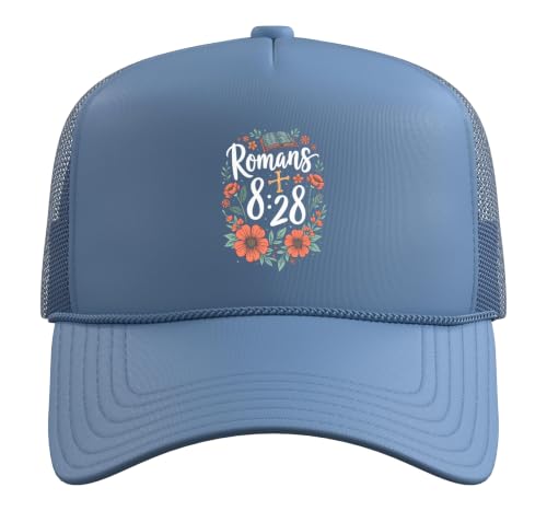 Romans 8:28 Bible Verse Flowers Cross Christian Women Trucker Hat with Adjustable Mesh Back - color: Light Blue