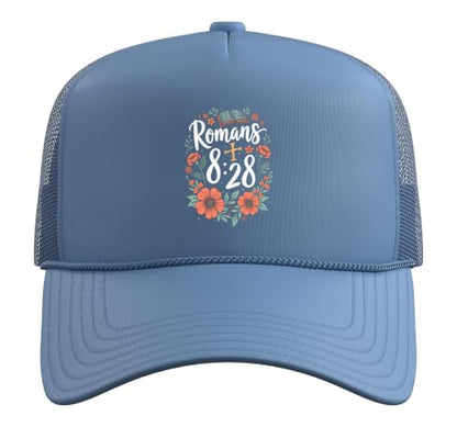 Romans 8:28 Bible Verse Flowers Cross Christian Women Trucker Hat with Adjustable Mesh Back - color: Light Blue