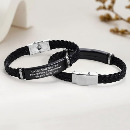 Leather Bracelet Sobriety Gifts for Men : Inspirational Quote/Bible Verse Engraved Braided Black Mens Bracelet for Him, Customized Religious Christian Gift Jewelry for Son/Dad/Boys/Boyfriend/Husband - style: 18:I Wish I Could Take Your Pain