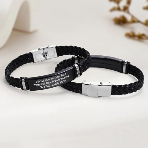 Leather Bracelet Sobriety Gifts for Men : Inspirational Quote/Bible Verse Engraved Braided Black Mens Bracelet for Him, Customized Religious Christian Gift Jewelry for Son/Dad/Boys/Boyfriend/Husband - style: 18:I Wish I Could Take Your Pain