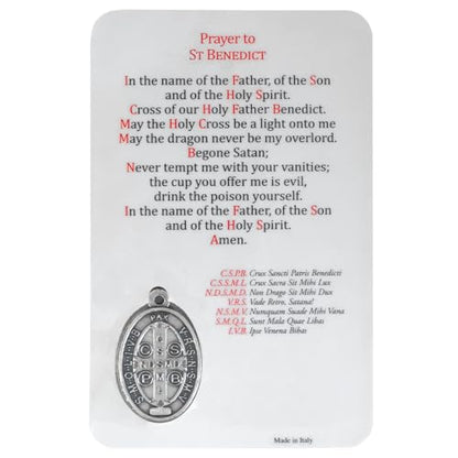Holy Prayer Card with Built-In Medal Pendant | Laminated Full-Color Prayer Card | Great Variety | Great Christian Gift for First Communion and Confirmation (Saint Benedict Prayer Card with Medal) - color: Saint Benedict Prayer Card with Medal