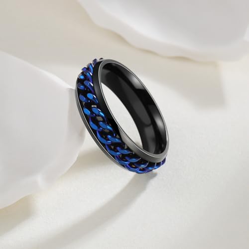 Mens Fidget Rings Anxiety Ring for Men 6mm 8mm Chain Spinner Ring Size 5-14 - color: Titanium Black Blue