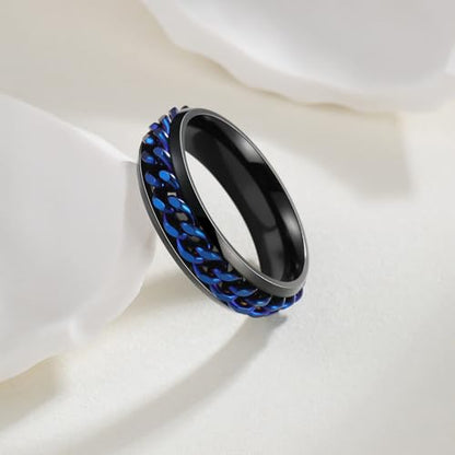 Mens Fidget Rings Anxiety Ring for Men 6mm 8mm Chain Spinner Ring Size 5-14 - color: Titanium Black Blue